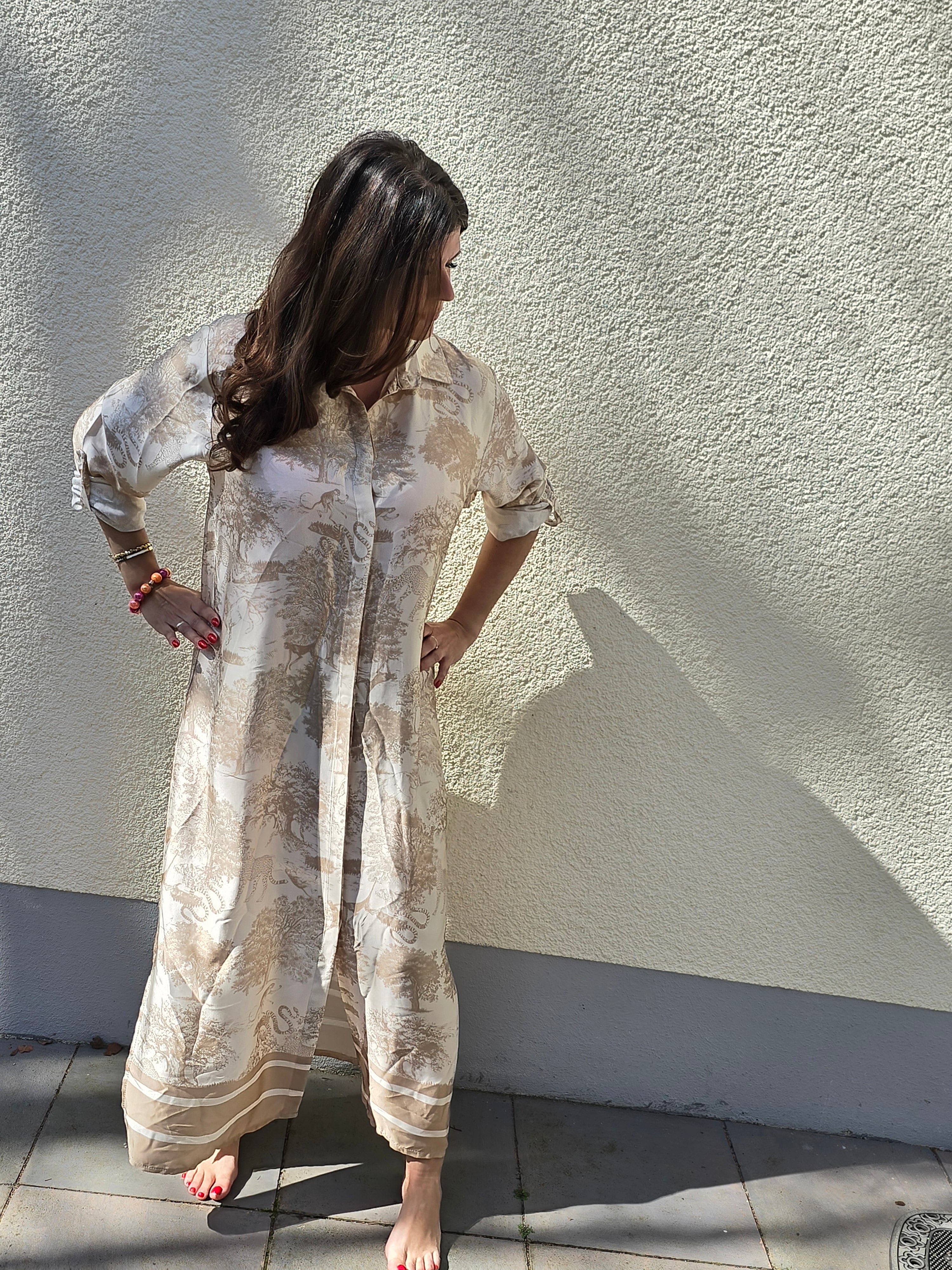 Maxikleid Toile de Jouy beige
