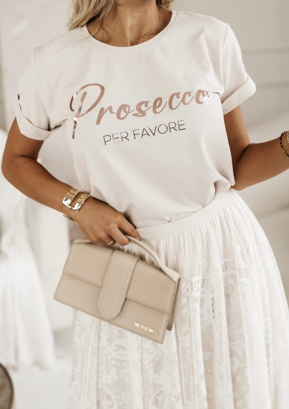 Damen Statement T-Shirt Prosecco per favore Geschenk Freundin Sommer Outfit Casual Baumwolle
