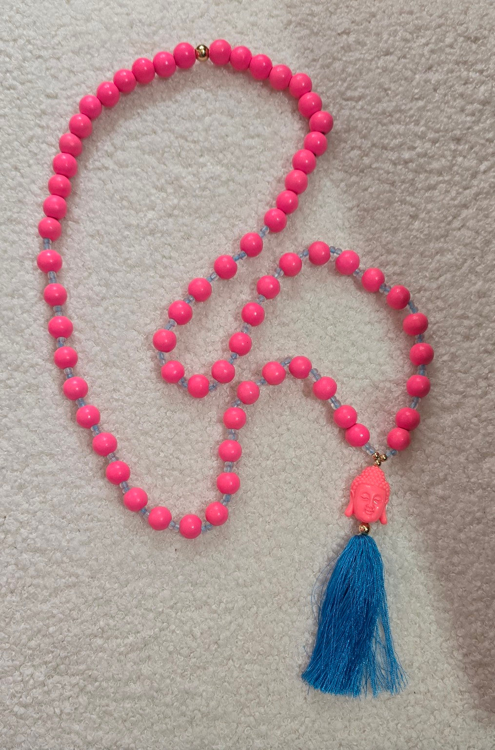 Mala Kette mit Buddha-Anhänger & Quaste Neonpink Blau