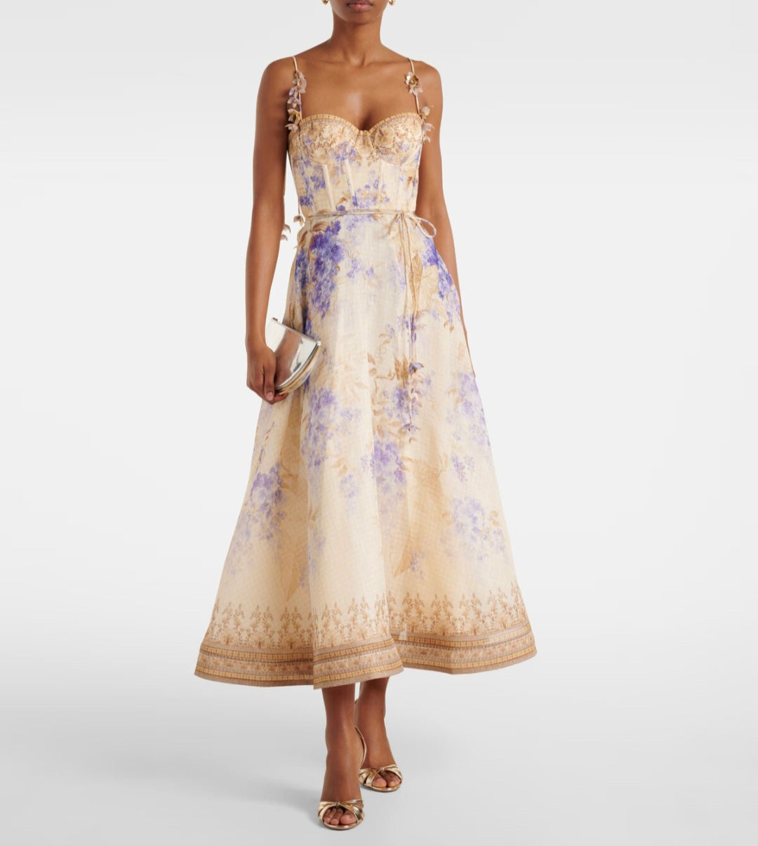 Romantisches Maxikleid L/XL mit Blumendruck & Corsagen-Oberteil – Boho Chic für besondere Anlässe