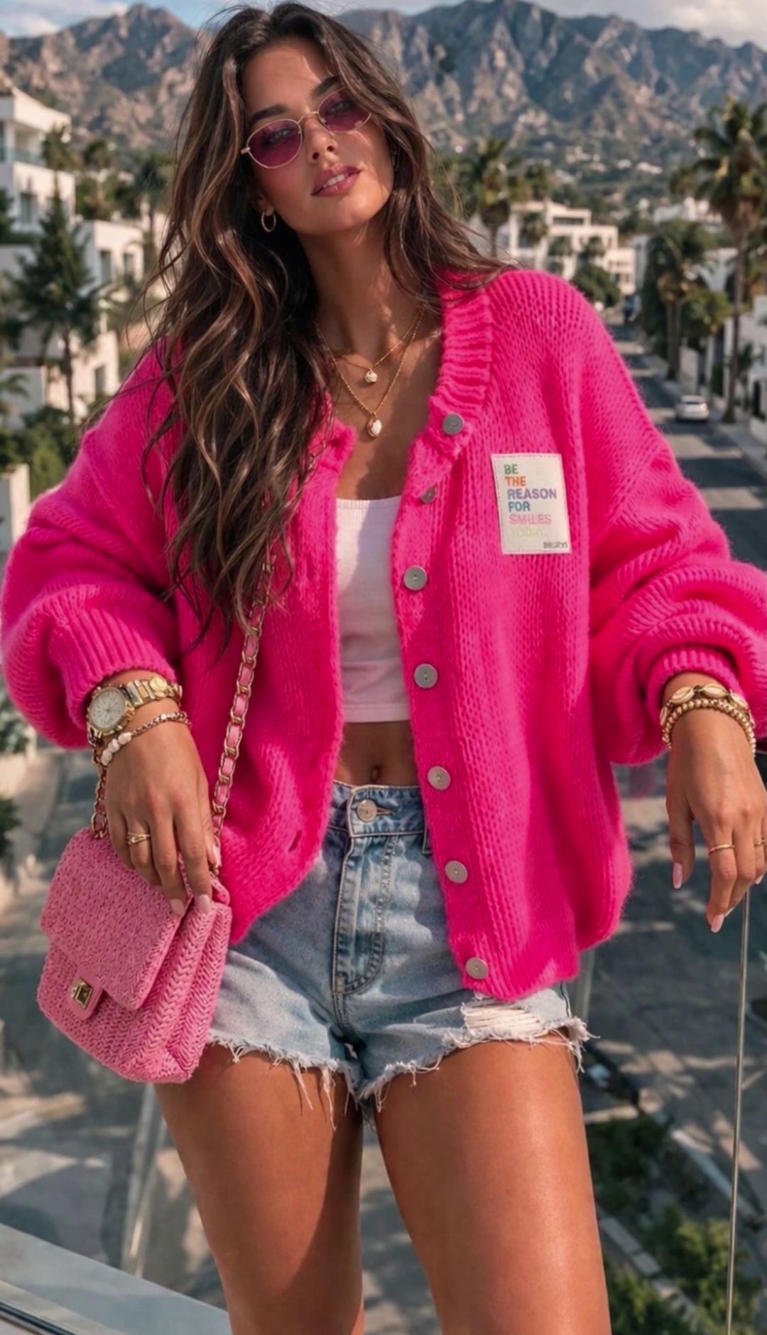 Sommer Strickjacke mit Patch Hot Pink