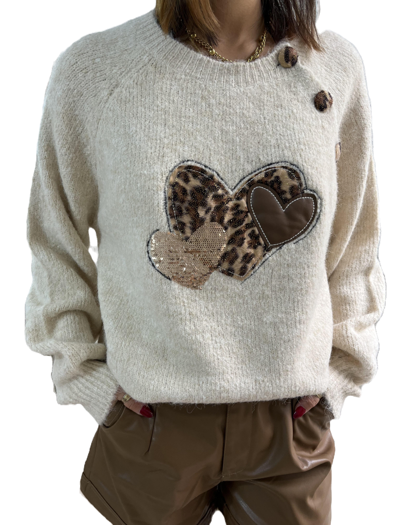 Pullover mit Herzmuster BEIGE