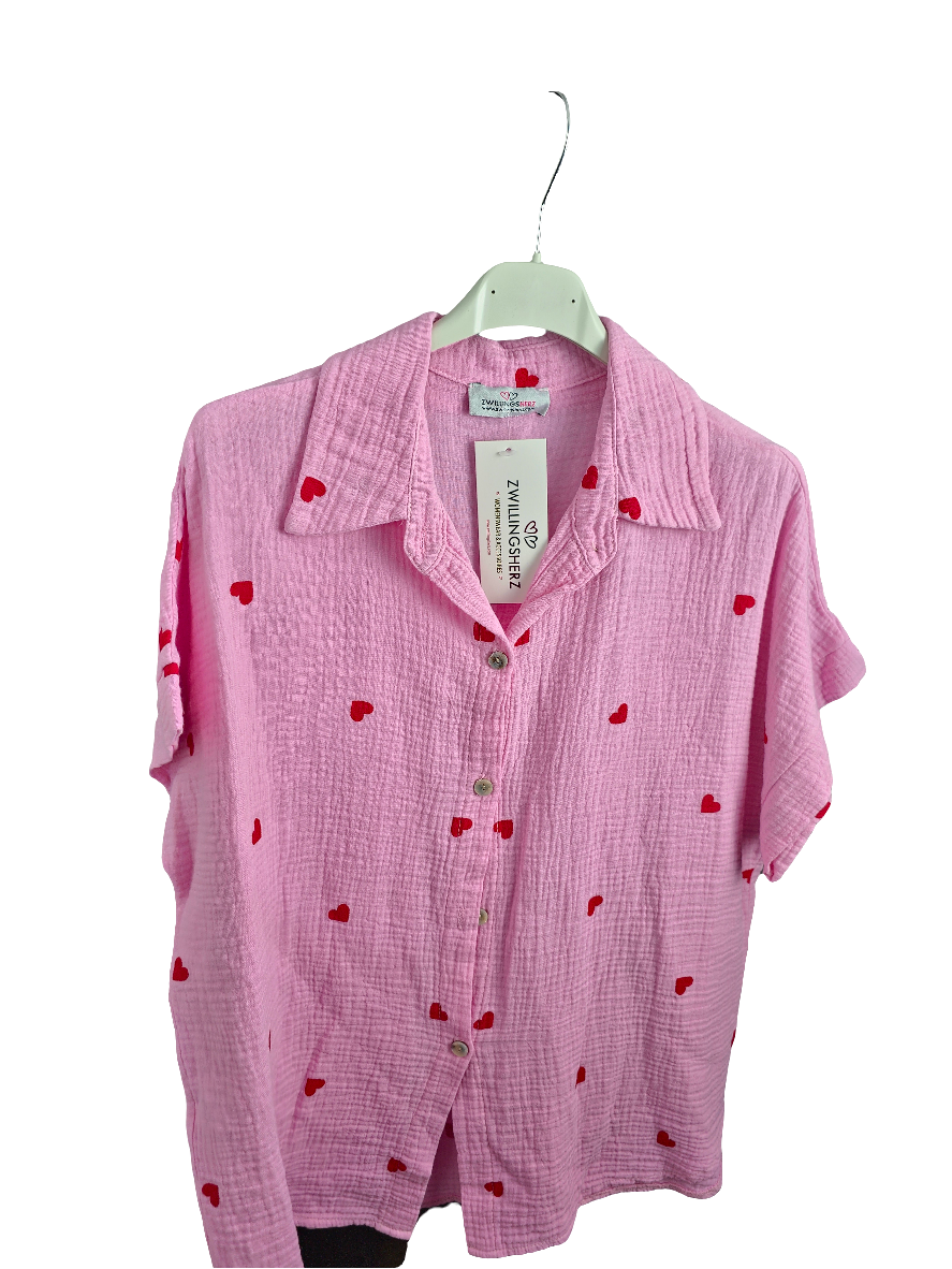 Zwillingsherz Musselinbluse Rosa mit Herzen