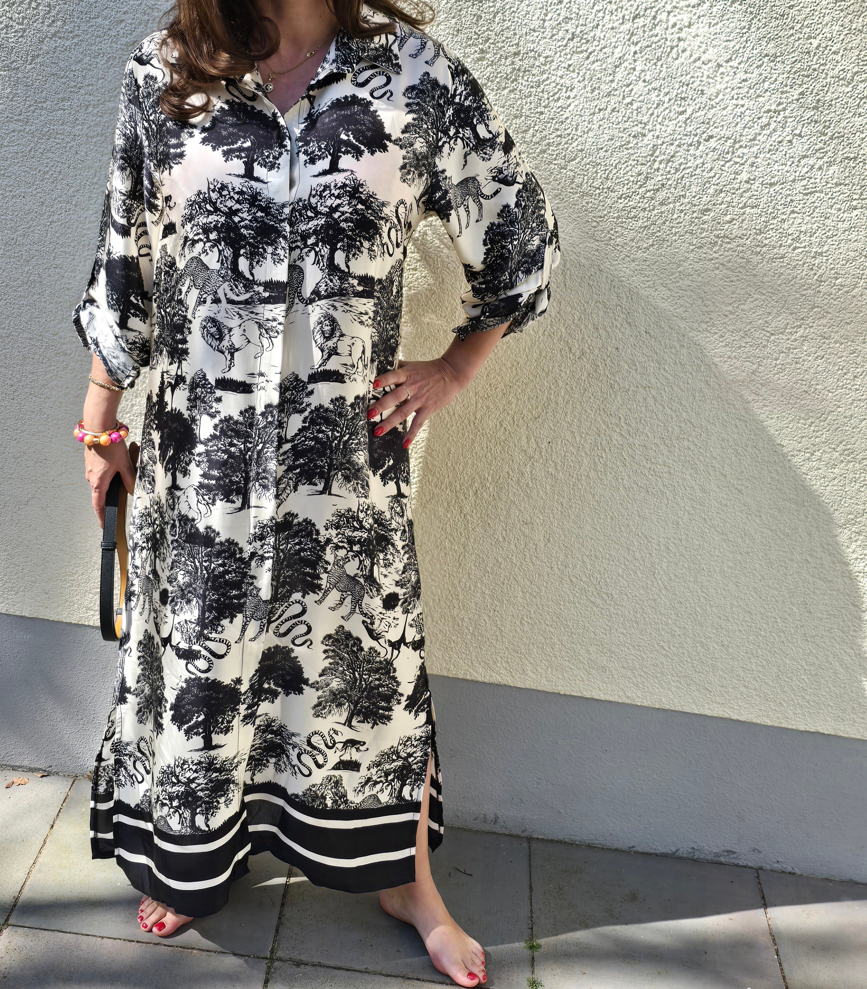 Maxikleid Toile de Jouy schwarz