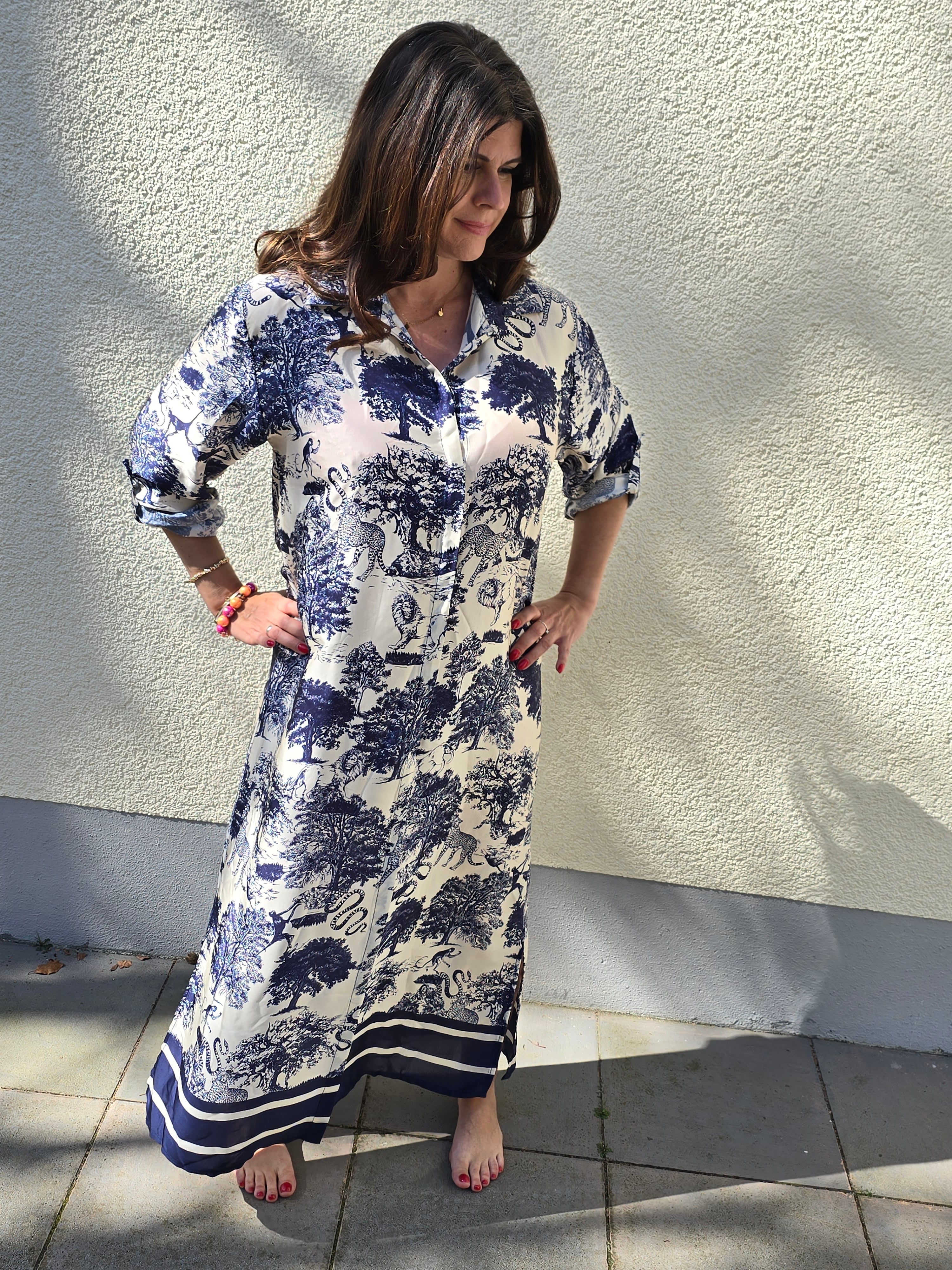 Maxikleid Toile de Jouy blau