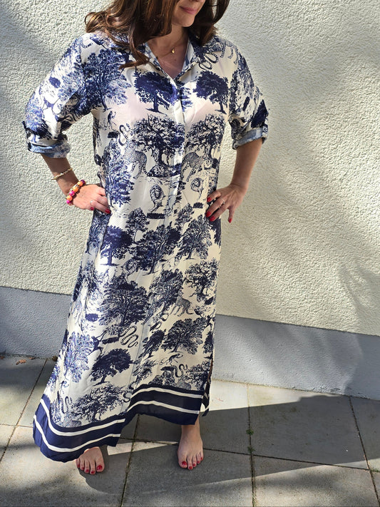 Maxikleid Toile de Jouy blau
