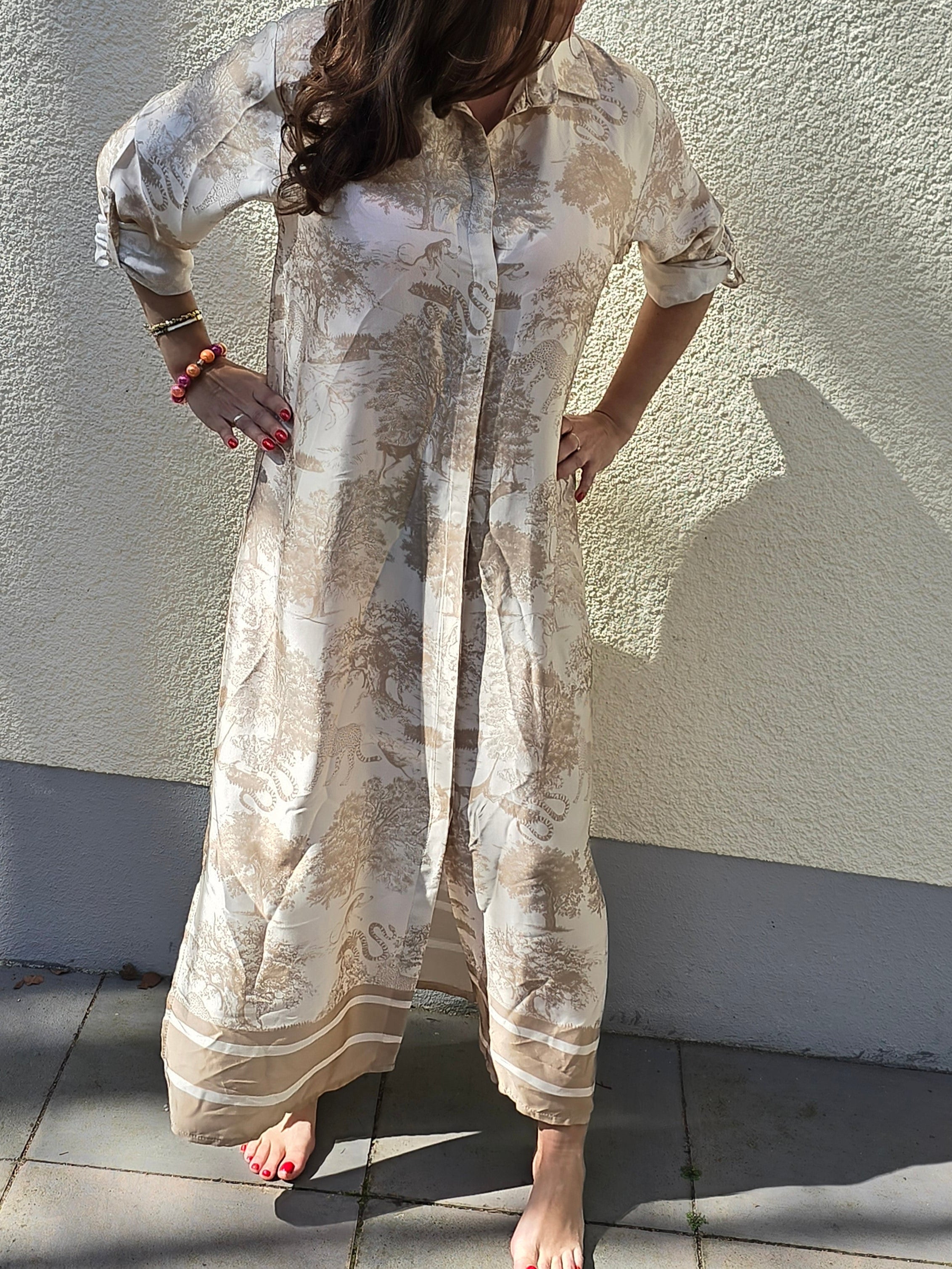 Maxikleid Toile de Jouy beige