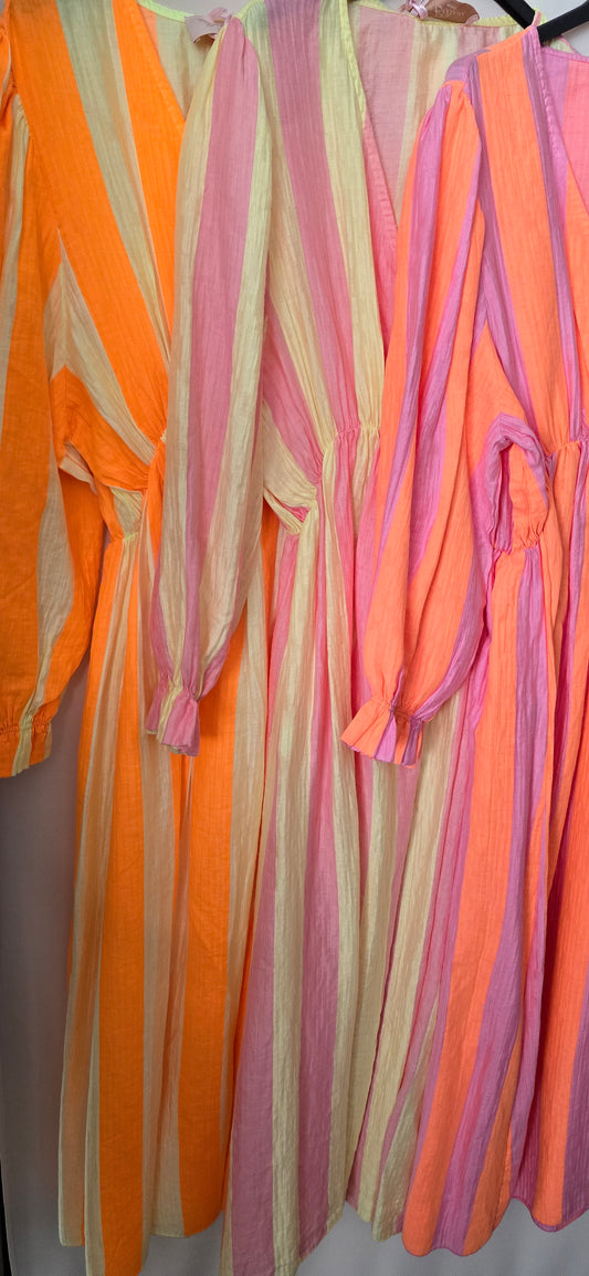 Leichtes Sommer Lyocell – Gestreiftes Boho Kleid Orange Buttergelb