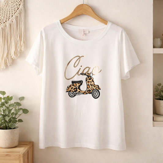 Damen T-Shirt Ciao mit Leo Roller Motiv weiß