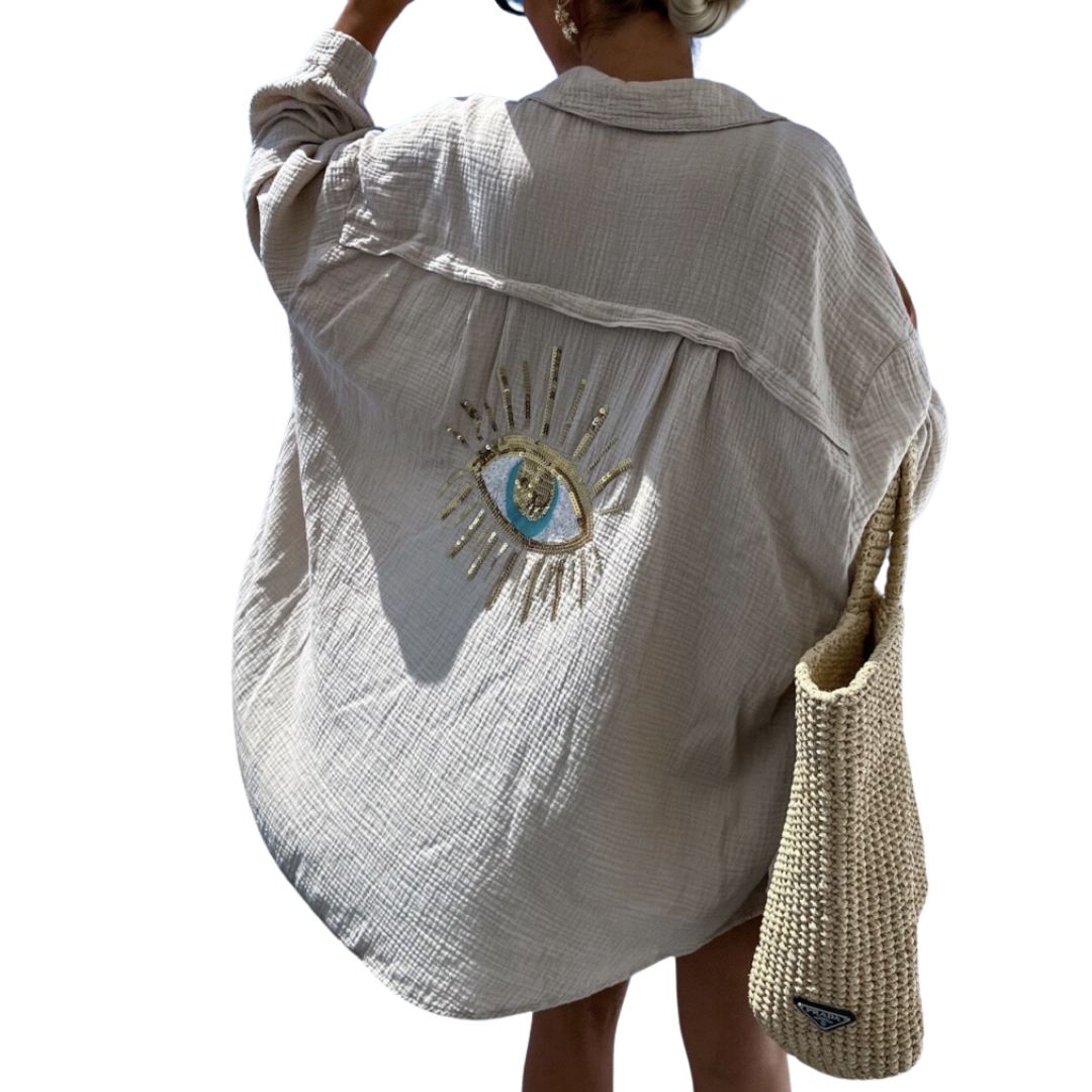 Musselin Oversize Bluse Glitzer Auge BEIGE