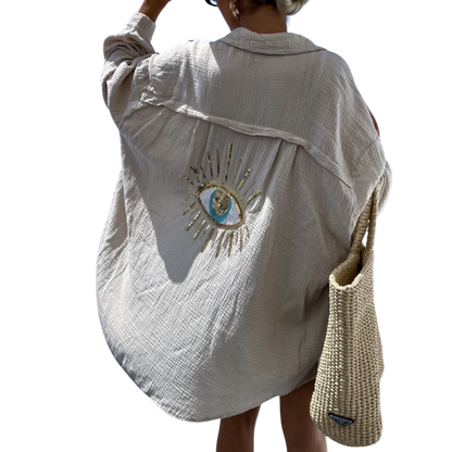 Musselin Oversize Bluse Glitzer Auge BEIGE