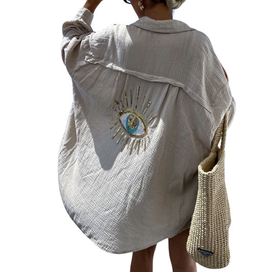 Musselin Oversize Bluse Glitzer Auge BEIGE