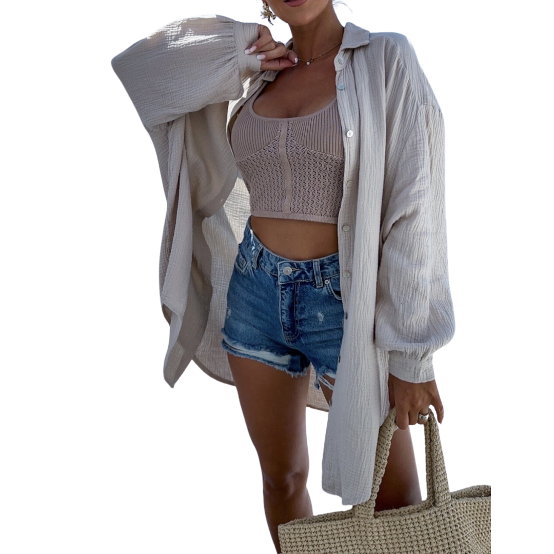 Musselin Oversize Bluse Glitzer Auge BEIGE