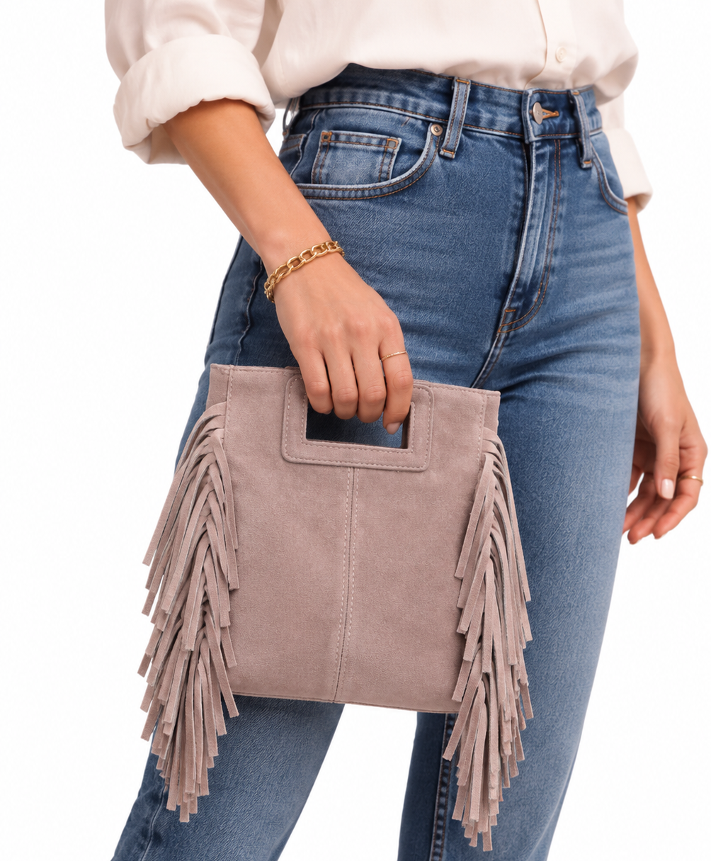 Wildledertasche mit Fransen in Puder Rosa