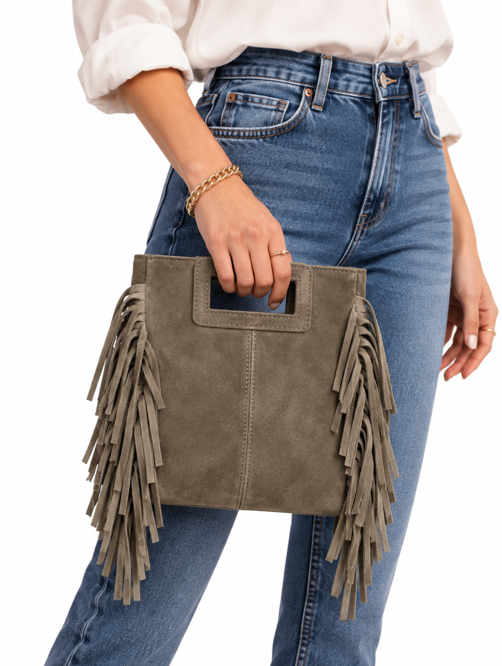 Wildleder Tasche mit Fransen in Taupe