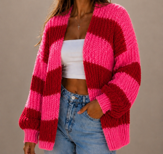 Grobstrick Cardigan COZY STRIPES rot pink