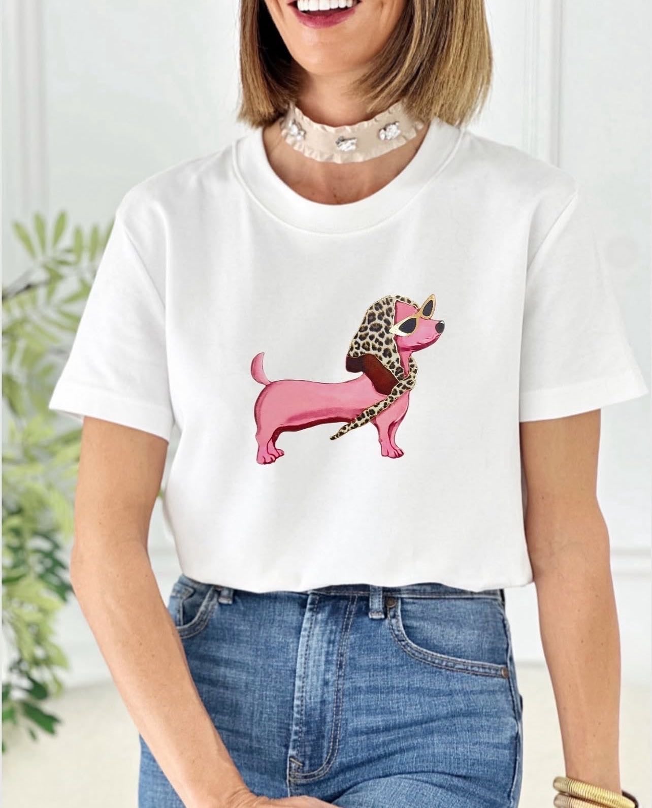 Damen T-Shirt „Fashion Dackel“ – mit Sonnenbrille & Leo-Schal | versch. Farben