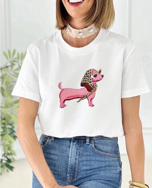 Damen T-Shirt „Fashion Dackel“ – mit Sonnenbrille & Leo-Schal | versch. Farben