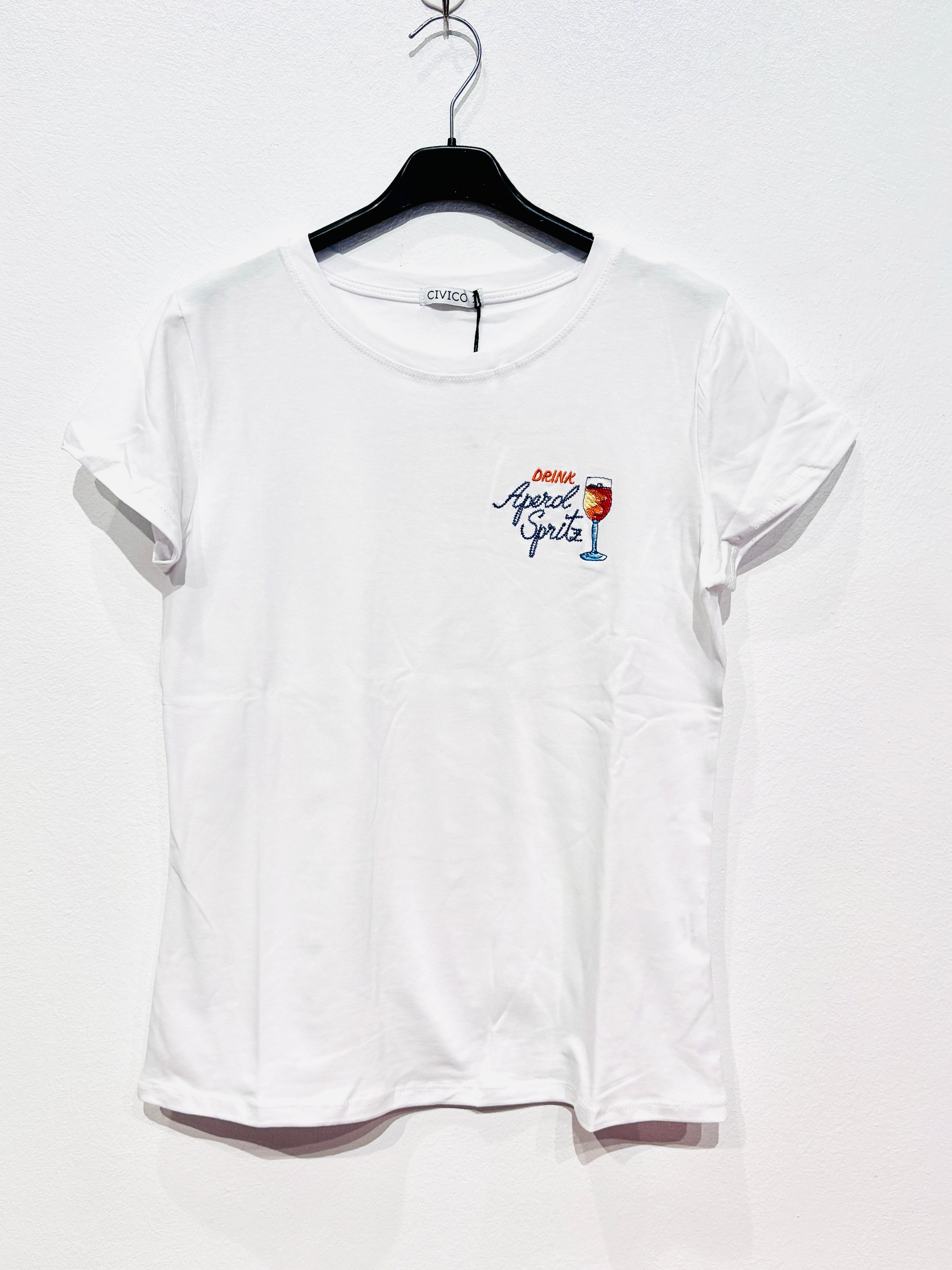 Damen T-Shirt „Drink Aperol Spritz“ – Weiß mit Stickerei