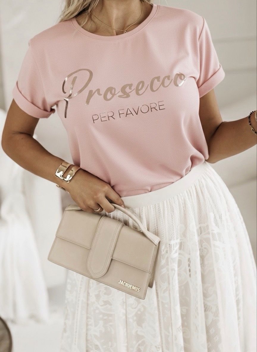 Damen Statement T-Shirt Prosecco per favore Geschenk Freundin Sommer Outfit Casual Baumwolle