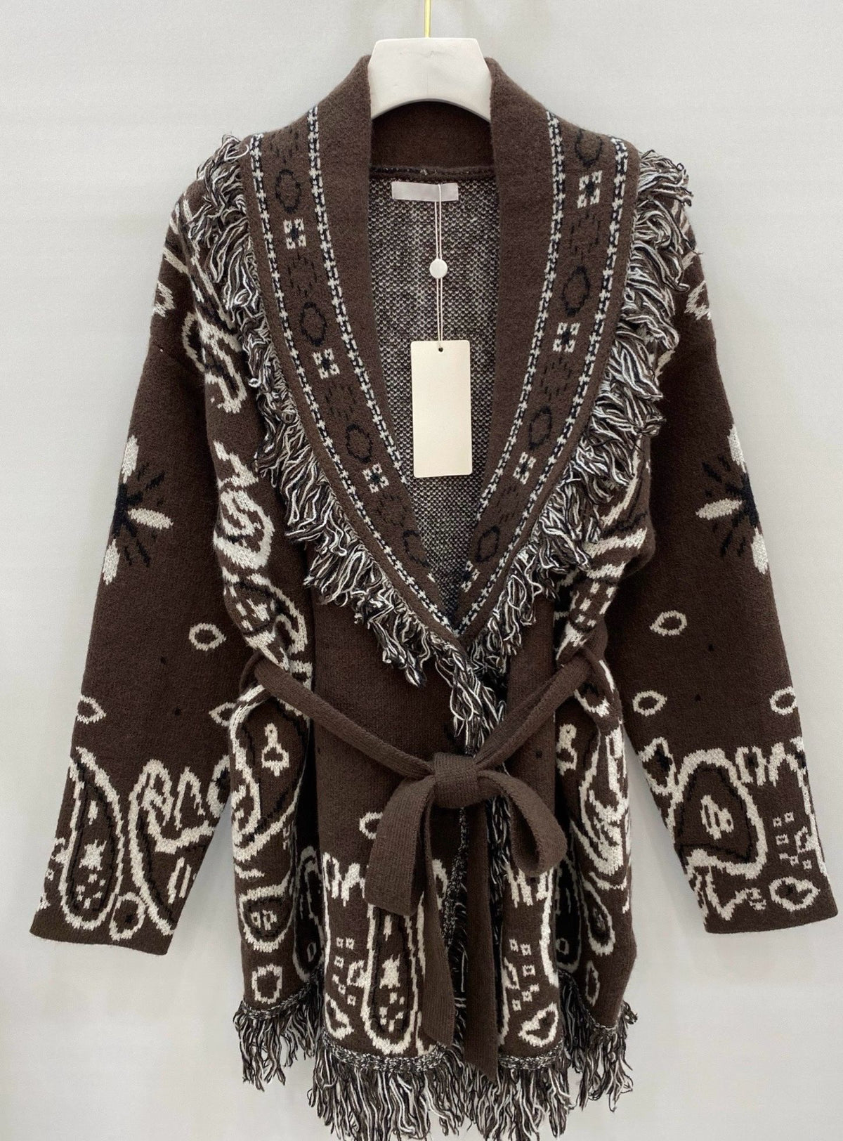 Paisley Strickjacke mit Fransen coffee