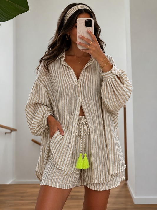 Musselin Shorts SUNNY STRIBES beige