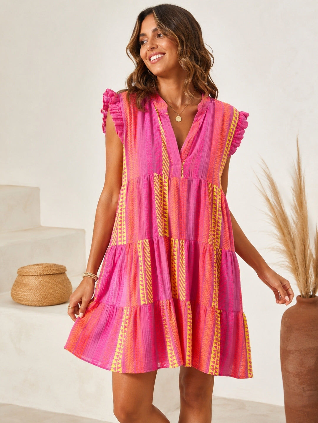 Boho Musselinkleid Bari Fuchsia