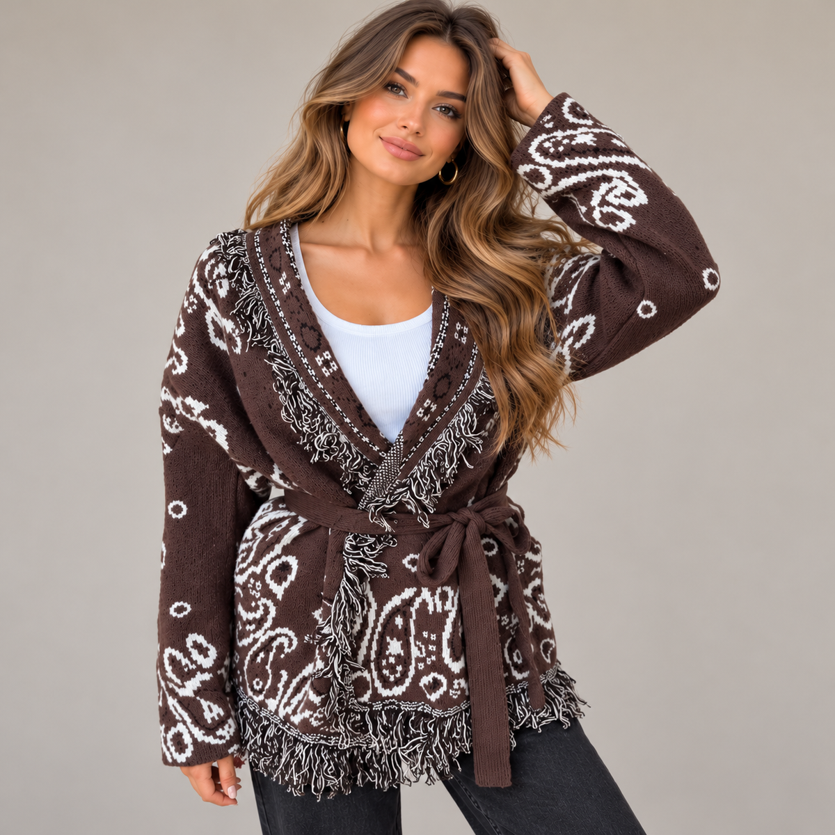Paisley Strickjacke mit Fransen coffee