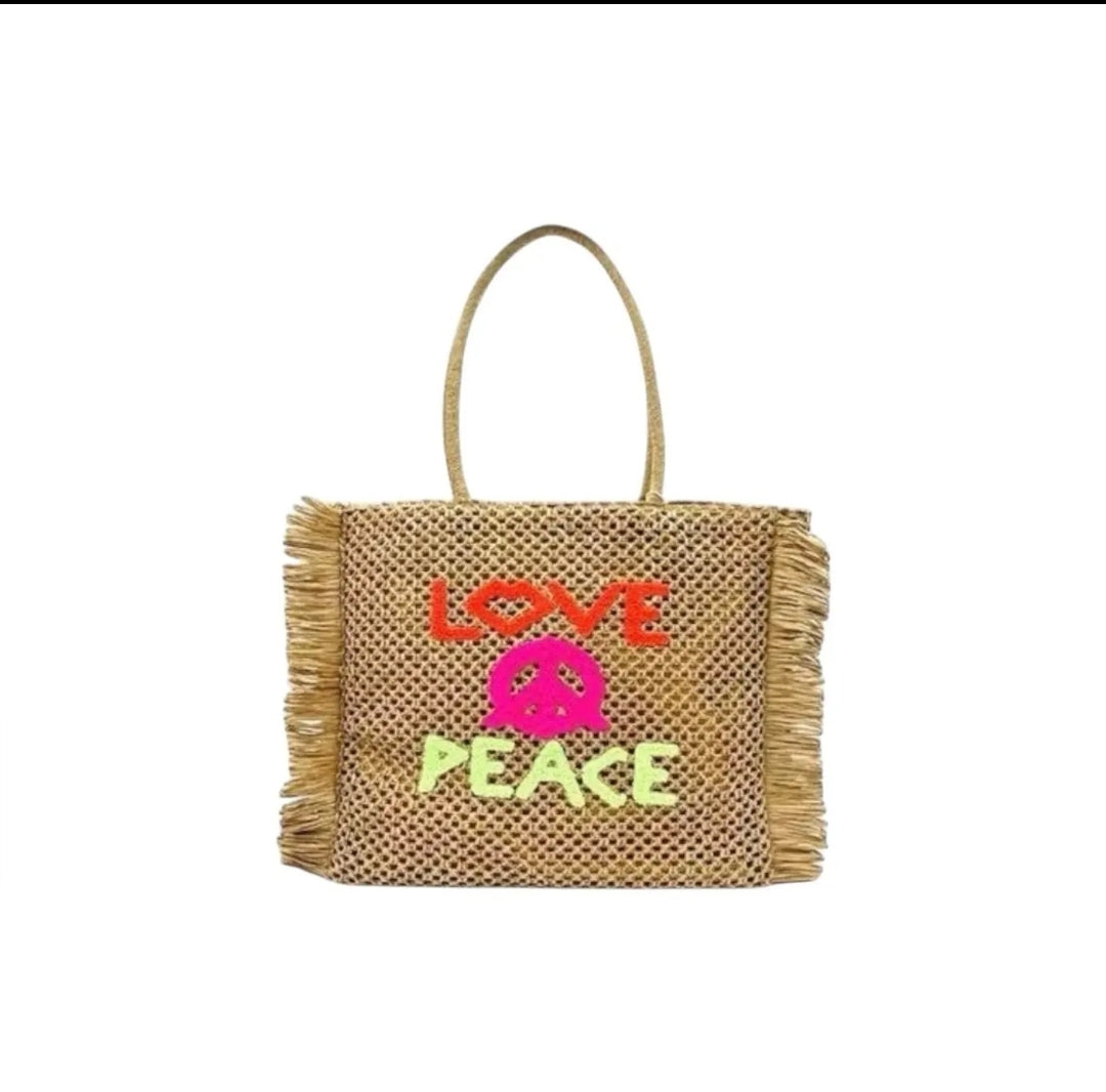 Boho Strandtasche „Love & Peace“ – Handgefertigte Korbtasche für deinen Sommer-Look