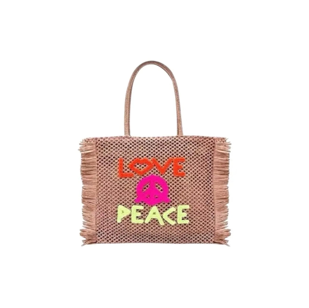 Boho Strandtasche „Love & Peace“ – Handgefertigte Korbtasche für deinen Sommer-Look