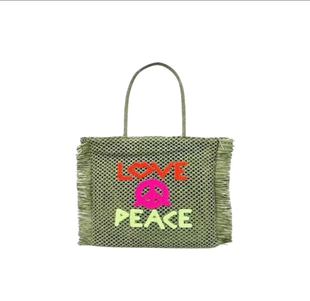 Boho Strandtasche „Love & Peace“ – Handgefertigte Korbtasche für deinen Sommer-Look