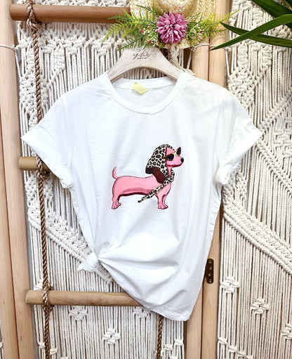 Damen T-Shirt „Fashion Dackel“ – mit Sonnenbrille & Leo-Schal | versch. Farben