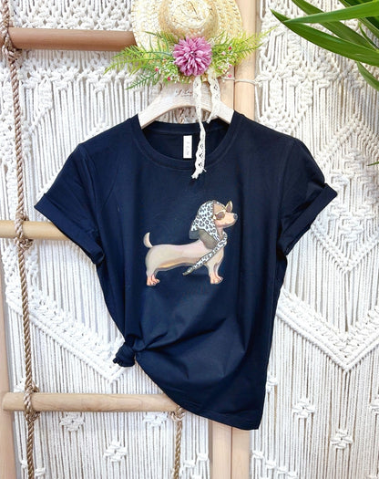 Damen T-Shirt „Fashion Dackel“ – mit Sonnenbrille & Leo-Schal | versch. Farben
