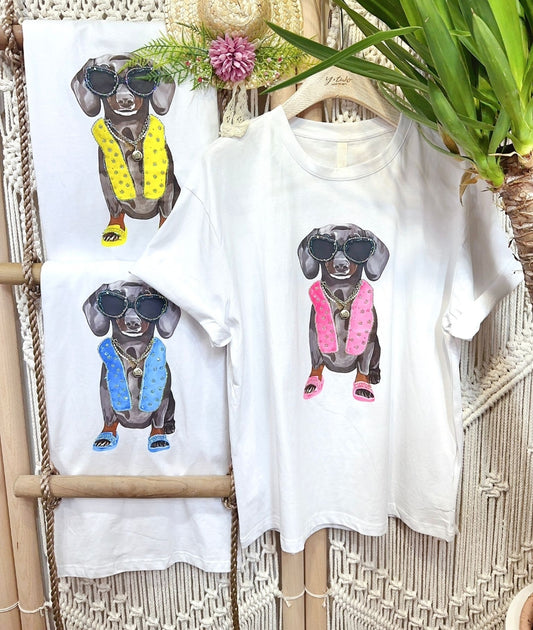Damen Oversize T-Shirt mit Dackel-Print – „Cool Dog“ mit Sonnenbrille & Weste | Sommer Shirt