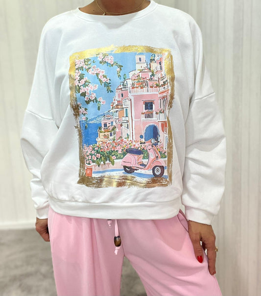 Damen Sweatshirt mit Italien Print – Oversize Pullover Amalfi Küste Vespa Motiv Casual Freizeit Look