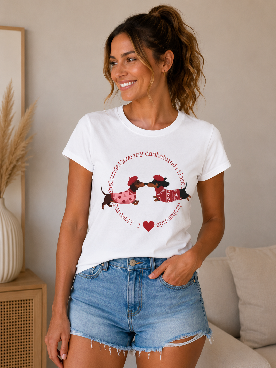 Weisses T-Shirt mit 2 Dackel Hunden und einem Herz