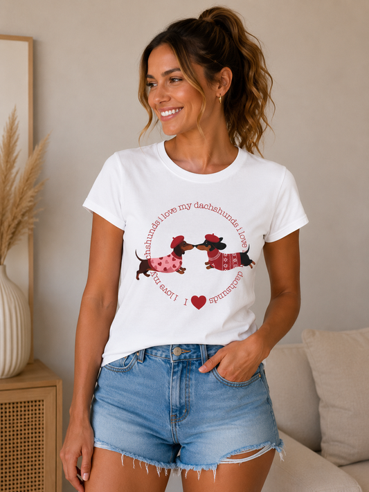 Weisses T-Shirt mit 2 Dackel Hunden und einem Herz