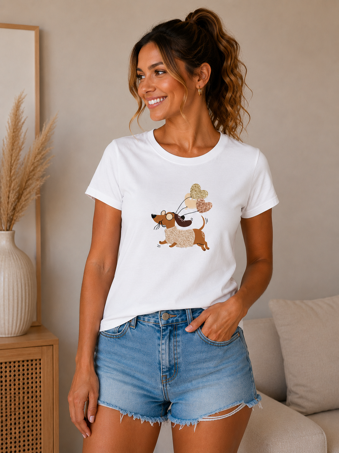Dackel T-Shirt Damen mit Strickpullover & Ballons Glitzer