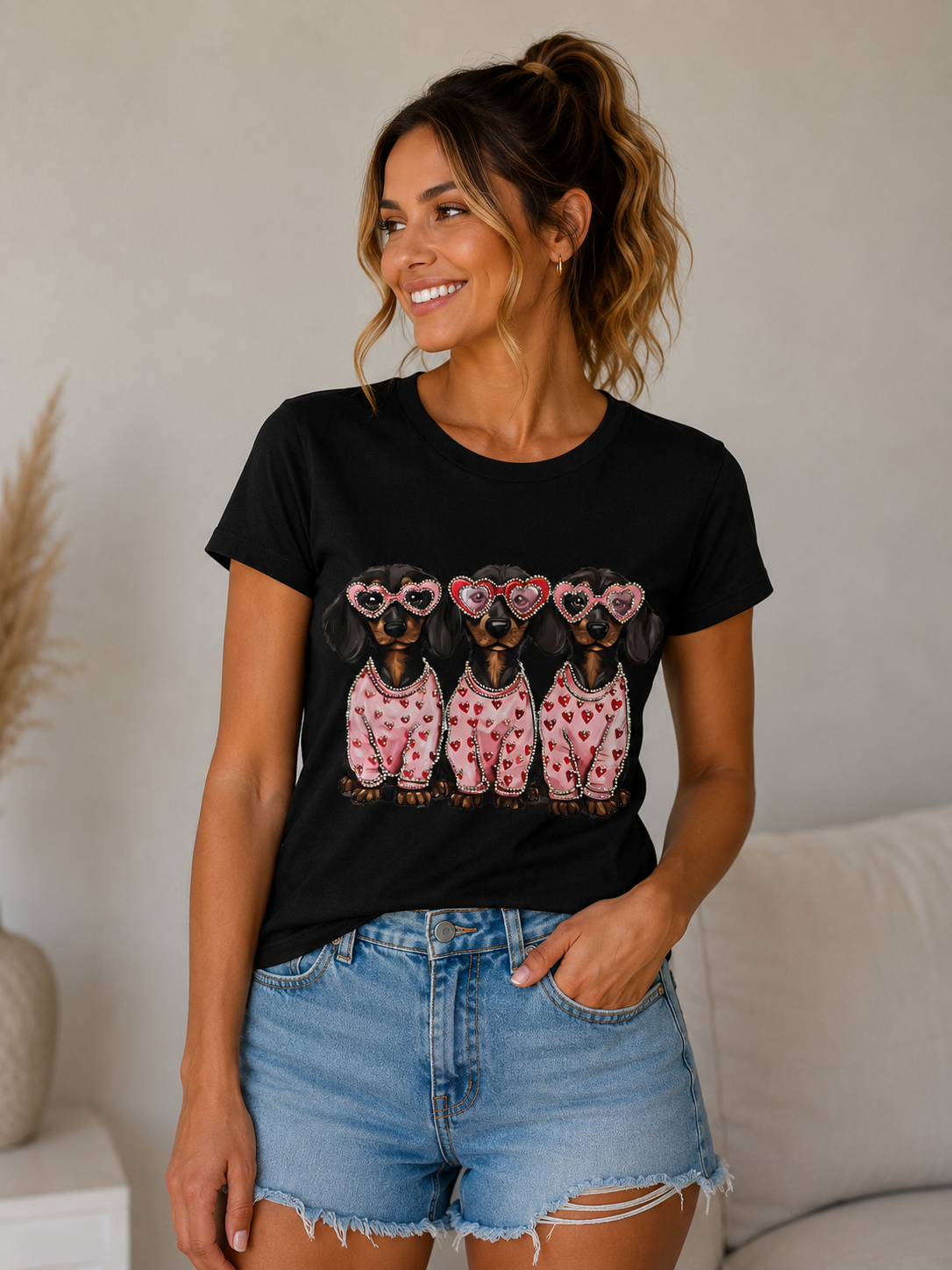 Dackel T-Shirt Damen 3 Hearts Strass