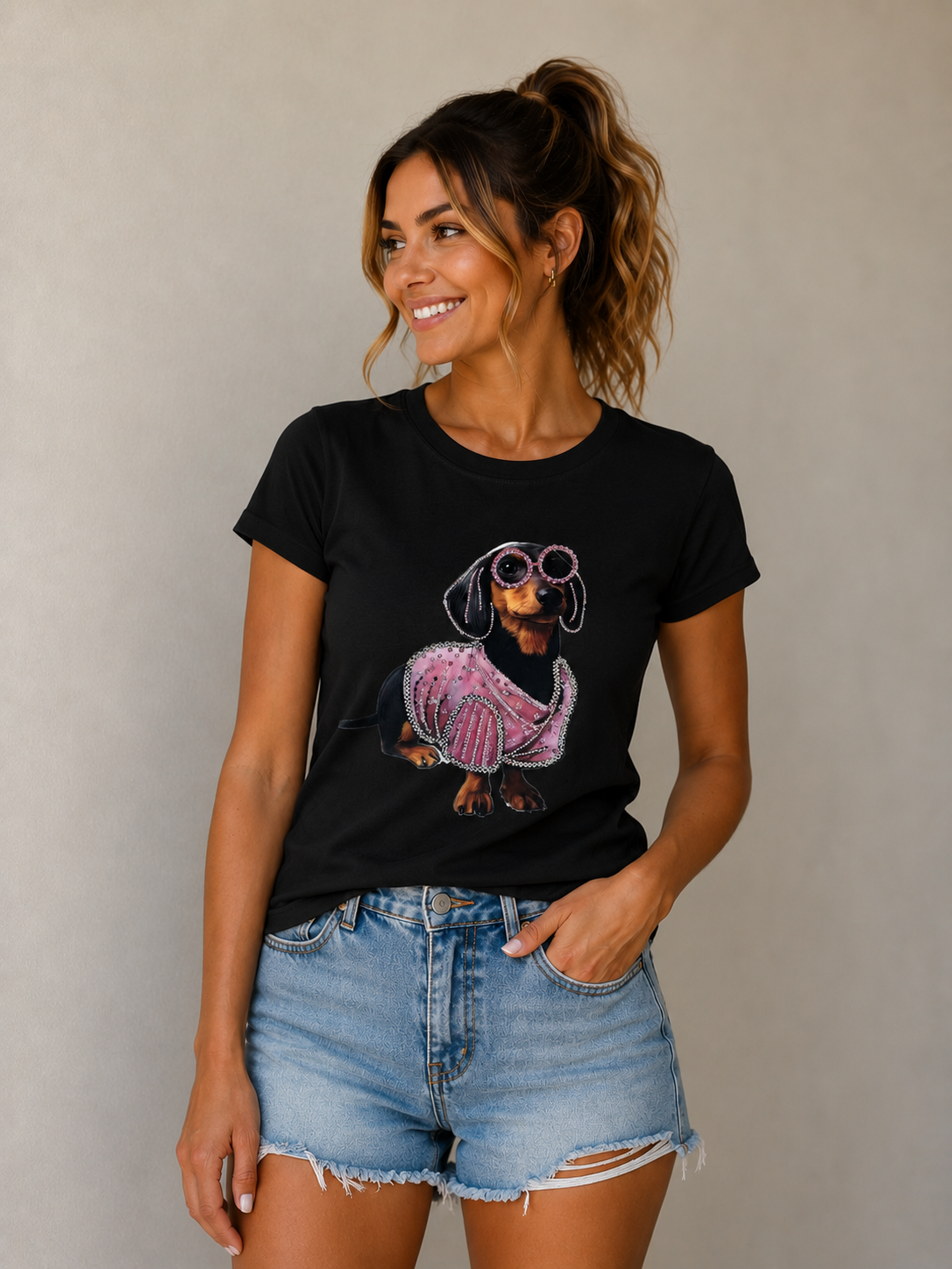 Dackel T-Shirt mit Strass und sonnenbrille 