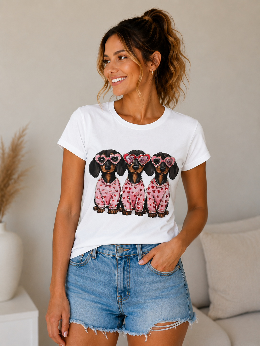 Dackel T-Shirt Damen 3 Hearts Strass