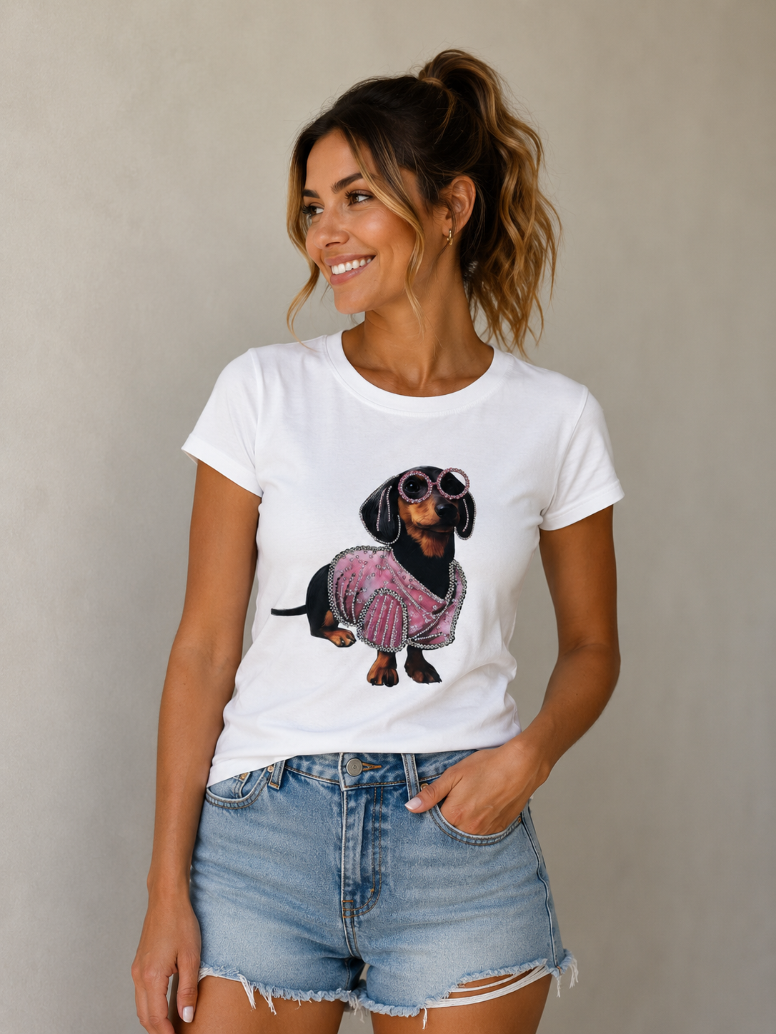 Dackel T-Shirt Damen mit Brille und Strass