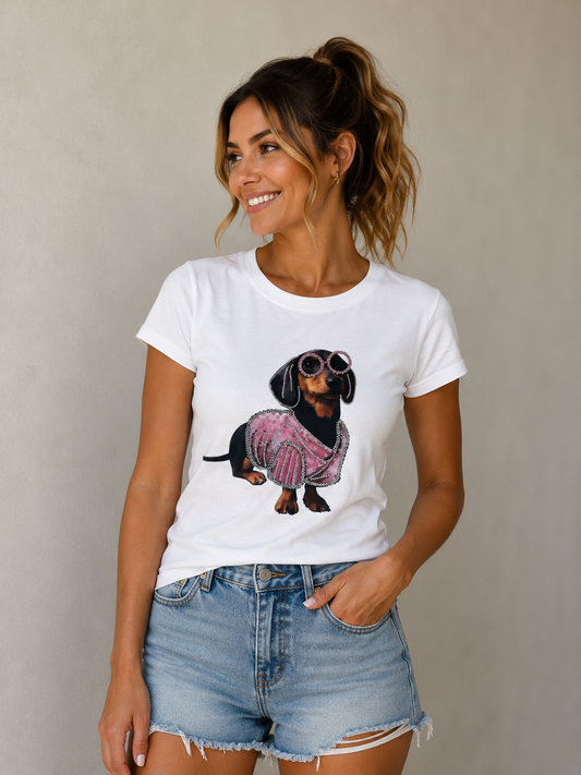 Dackel T-Shirt Damen mit Brille und Strass