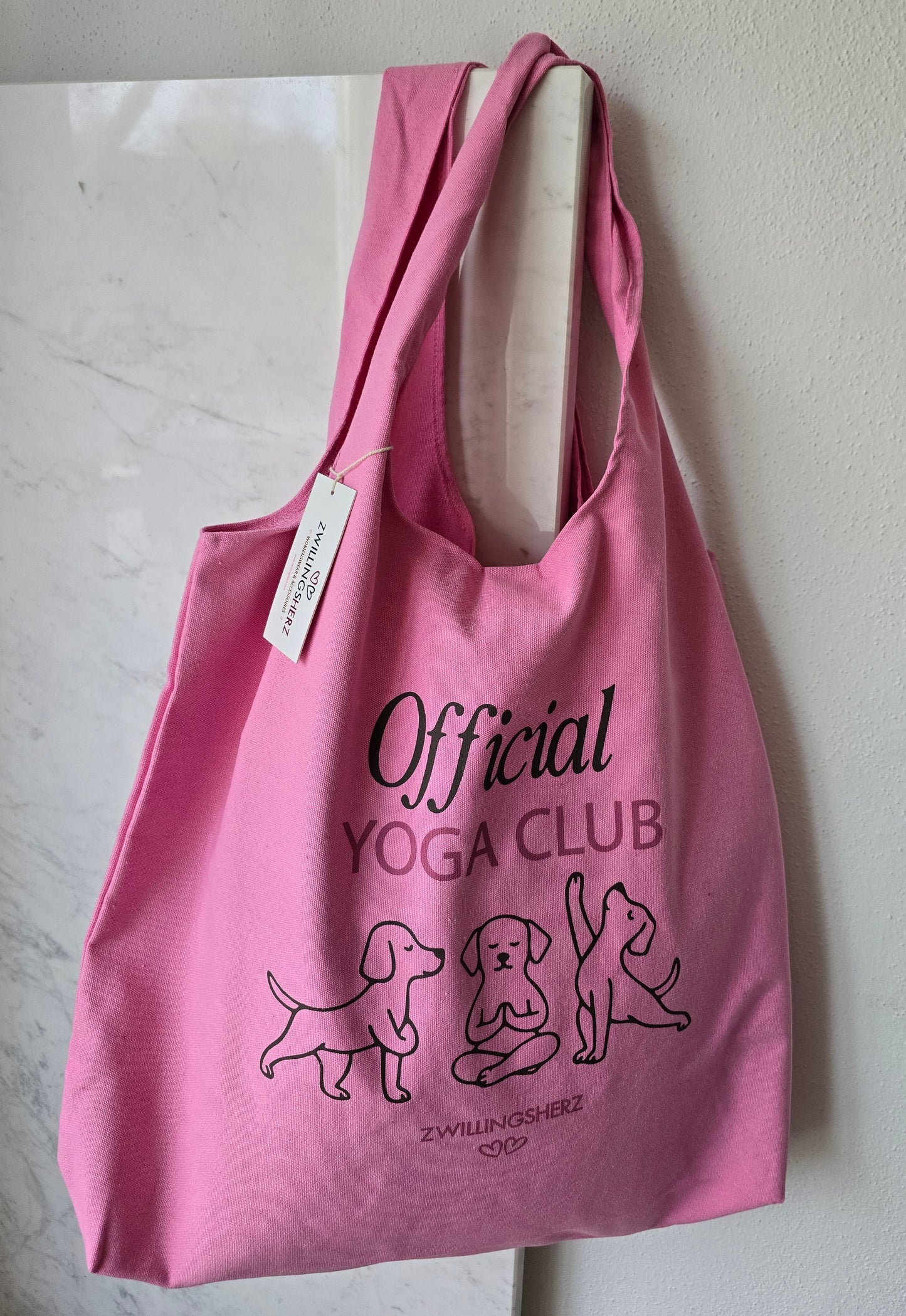 Shopper Tasche Pink mit Hunde Motiv und Schriftzug Yoga Club