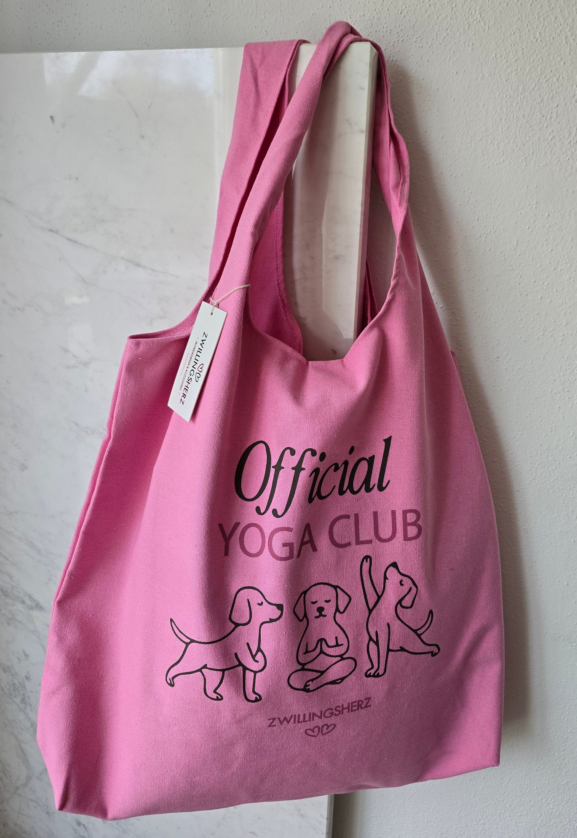 Shopper Tasche Pink mit Hunde Motiv und Schriftzug Yoga Club