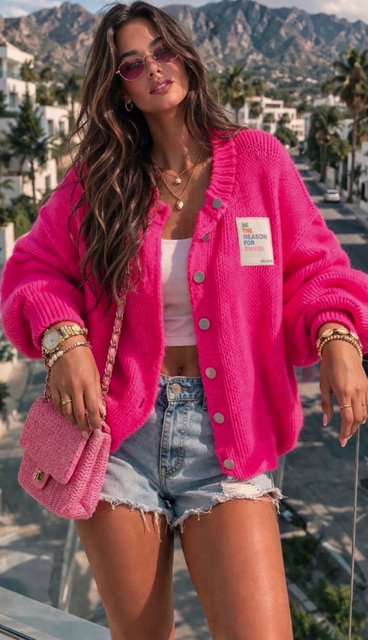Sommer Strickjacke mit Patch Hot Pink