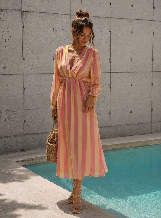 Leichtes Sommer Lyocell – Gestreiftes Boho Kleid Rosa Buttergelb
