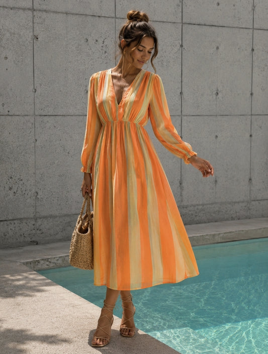Leichtes Sommer Lyocell – Gestreiftes Boho Kleid Orange Buttergelb