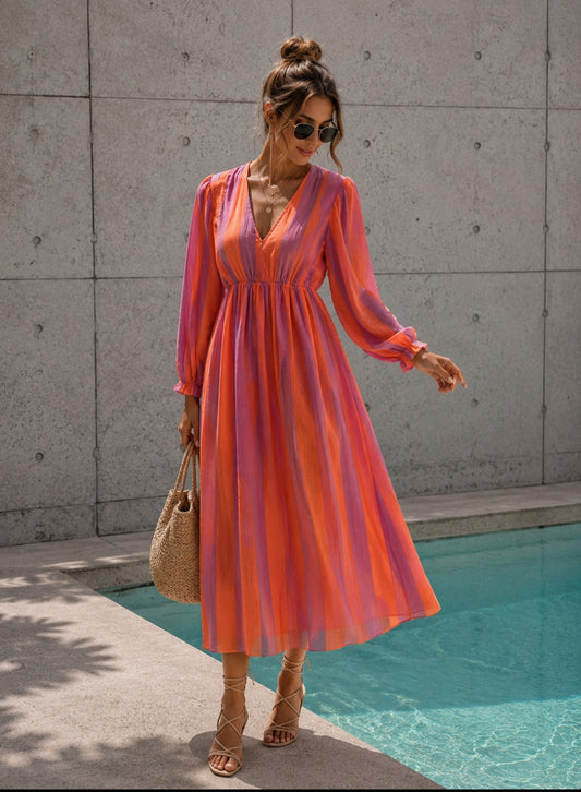 Leichtes Sommer Lyocell – Gestreiftes Boho Kleid Orange Lila