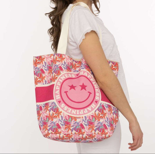 Bunter Shopper im im Blumenmuster und einem Smiley in der Mitte